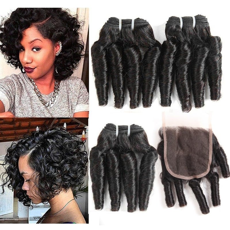 Molefi Brazilian Funmi Hair Curly Weave 3 Bundles with Lace Closure burmese curly bundles human hair with 4x4 Closure 100 Human Hair Extensions 50gpc Natural Black 8 8 8 8